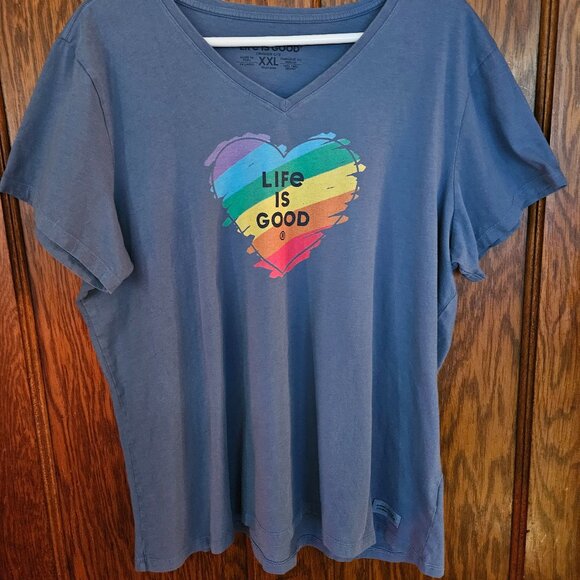 Life Is Good Rainbow Flower Heart Graphic Print Blue Short Sleeve Tshirt - Picture 1 of 6